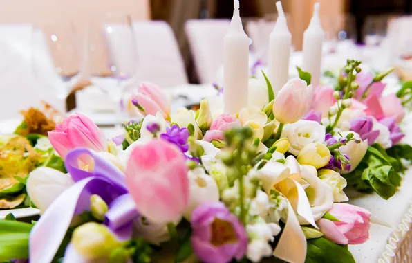 Flowers, bouquet, candles, tulips, wedding