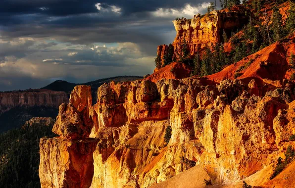Trees, sunset, mountains, clouds, Bryce Canyon National Park, scree
