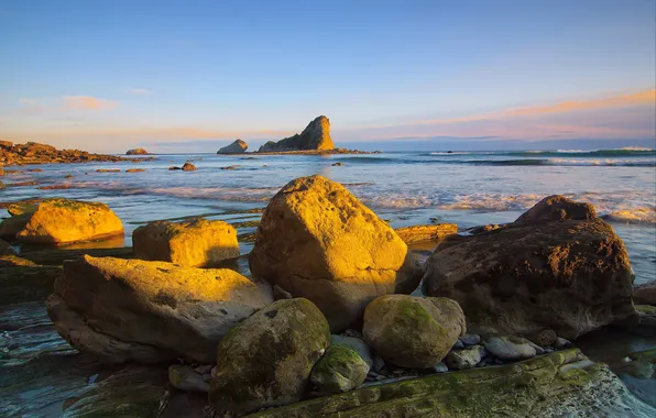 Sea, the sky, clouds, sunset, stones, rocks, shore