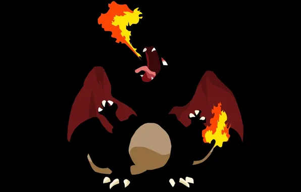 Picture language, fire, flame, wings, mouth, tail, claws, fangs