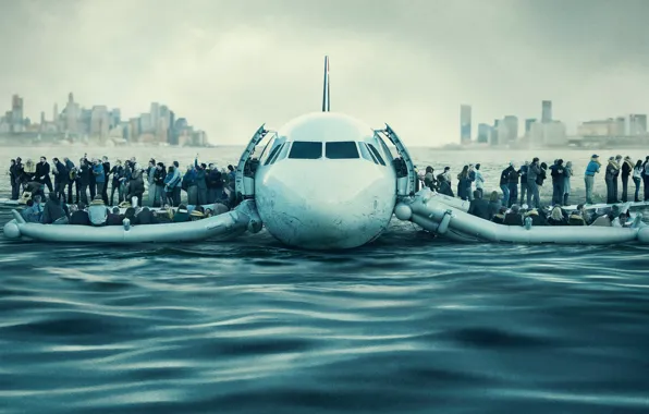 The city, the plane, river, people, New York, Bay, poster, landing