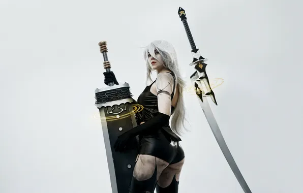 Sword, ass, model, women, cosplay, gloves, white hair, white background