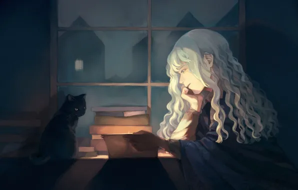 Cat, girl, interior, reads