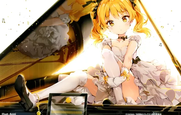 Shoes, reflection, stockings, piano, gloves, bracelet, bow, white dress