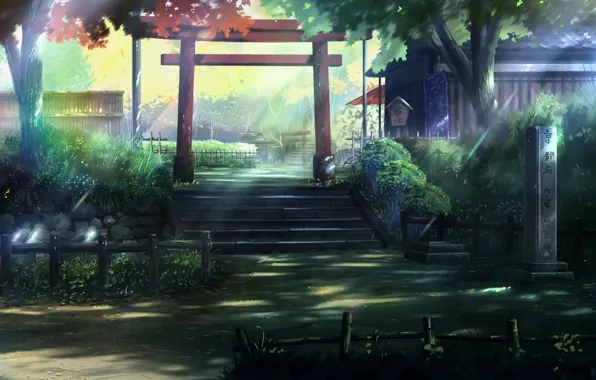 Summer, trees, shadow, fence, Japan, ladder, stage, temple