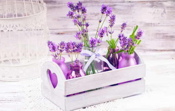 Flowers, bottle, banks, box, ribbon, lavender, bokeh