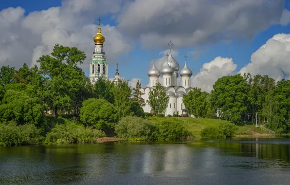 Picture water, clouds, landscape, nature, the bell tower, Vologda, Saint Sophia Cathedral, Yuri Kulakov