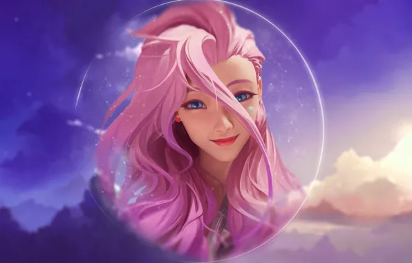 Girl, sky, pink, anime, clouds, lol, league of Legends, seraphine