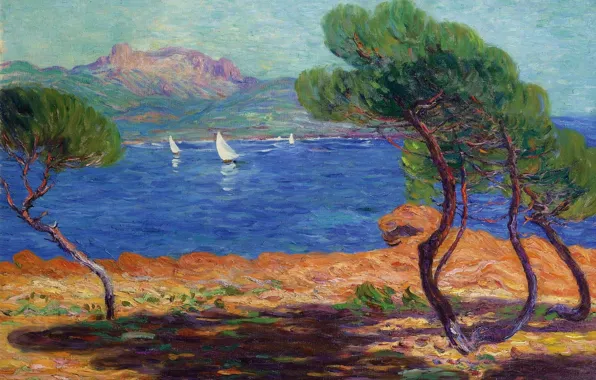 Boat, picture, Bay, sail, Leon Detroy, Landscape in Agay