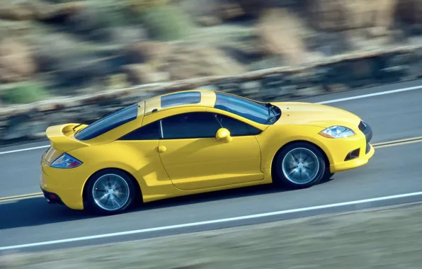 Auto, Yellow, Mitsubishi, eclipse, Side view, In motion