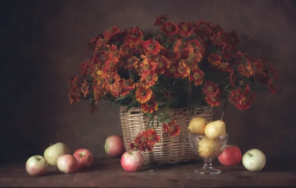 Autumn, flowers, apples, bouquet, still life, pear