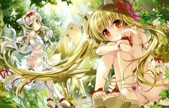 Butterfly, foliage, girls, two, stockings, piano, bracelet, bow