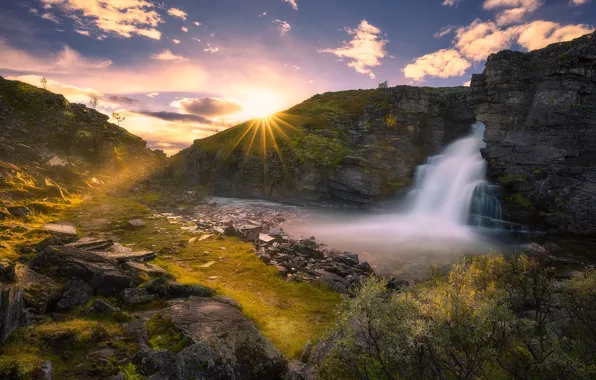 Picture the sky, clouds, stones, rocks, waterfall, Norway, the rays of the sun, the bushes