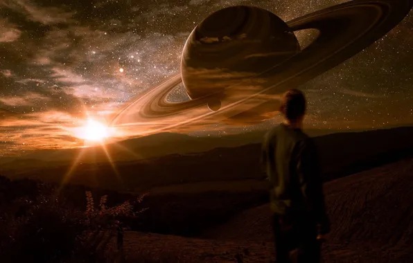 Picture forest, the sky, stars, clouds, light, people, planet, ring