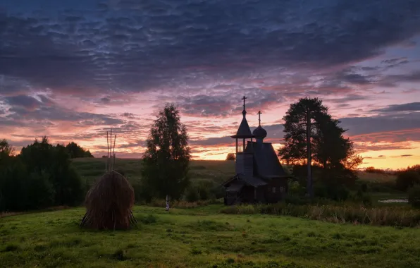 Field, trees, sunset, stack, hill, hay, Church, wooden architecture