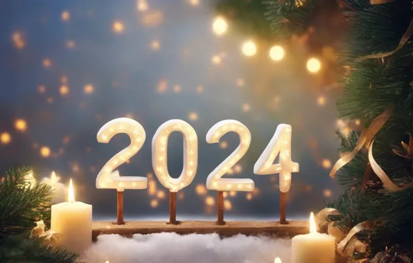 Winter, light, snow, branches, lights, lights, tape, candles