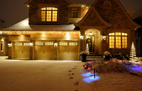 Winter, snow, night, nature, lights, lights, house, holiday