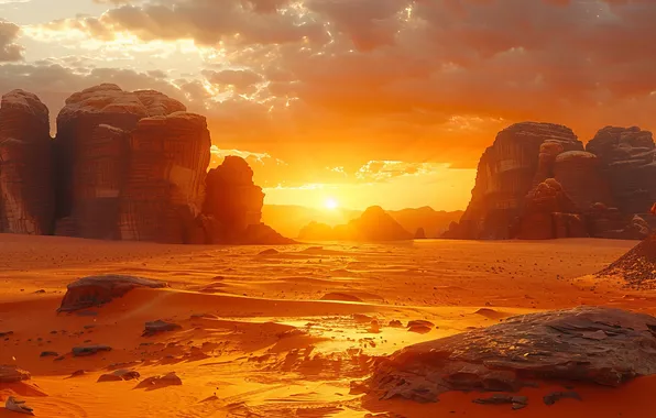 The sun, Sand, Clouds, Rocks, Dawn, Digital art, AI art, The Art of Artificial Intelligence