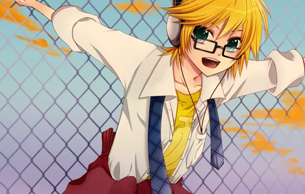 Joy, smile, mesh, anime, art, Vocaloid, Vocaloid, Len