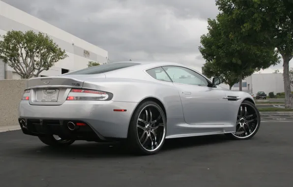 The sky, trees, clouds, Aston Martin, the building, DBS, silver, wheels