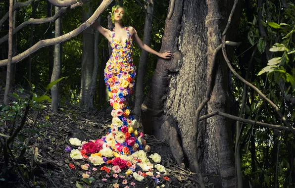 Look, girl, pose, hands, dress, makeup. trees, flowers. bright