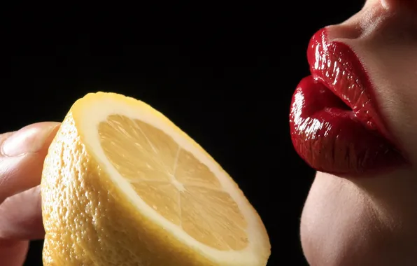 Yellow, lemon, lips, fingers, black background, chin, lips, red lipstick