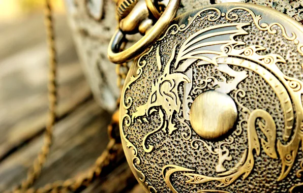 Macro, metal, pattern, dragon, figure, medallion
