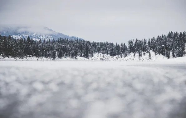 Winter, clouds, trees, mountains, lake, frozen lake