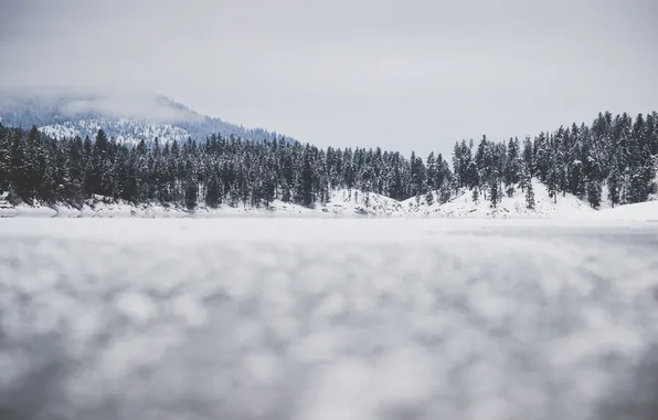 Picture winter, clouds, trees, mountains, lake, frozen lake