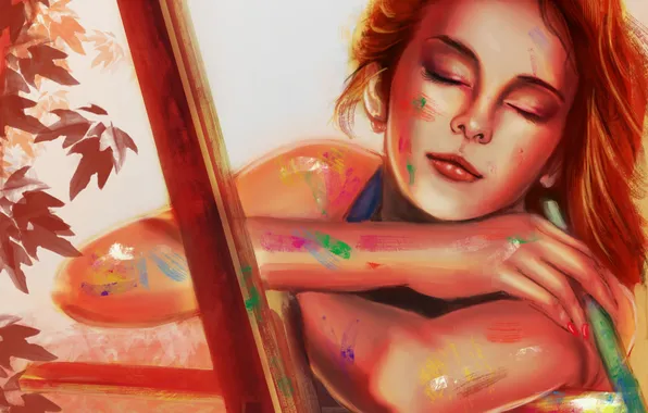 Leaves, girl, paint, color, hands, art, painting, closed eyes