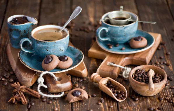 Picture blue, Board, coffee, chocolate, grain, kettle, cookies, Cup