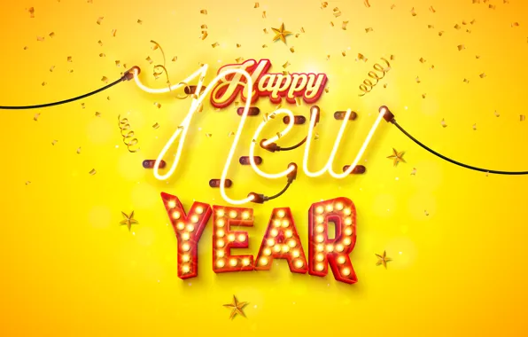 The inscription, Christmas, New year, garland, serpentine, stars, light bulb, yellow background