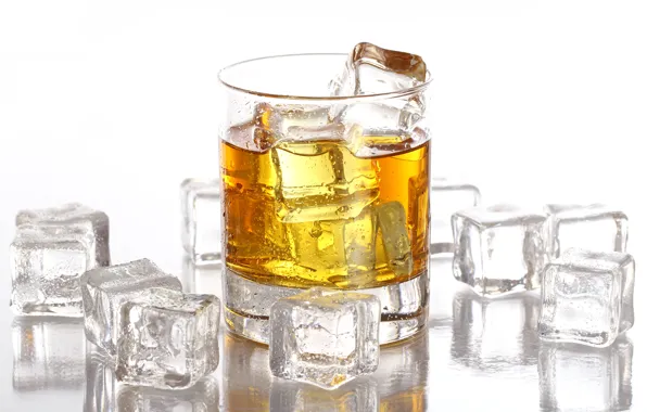 Ice, drops, cubes, glass, white background, whiskey