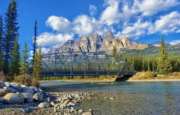 Trees, mountains, bridge, river, stones, Canada, Albert, Banff National Park