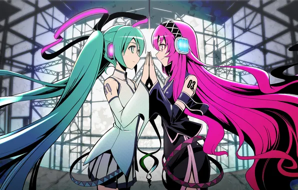 Smile, two girls, long hair, Vocaloid, green eyes, pink hair, pink eye, separate sleeves
