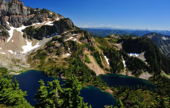 Picture snow, trees, mountains, lake