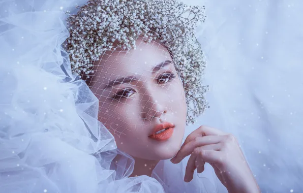 Picture look, girl, flowers, face, style, mood, hand, makeup