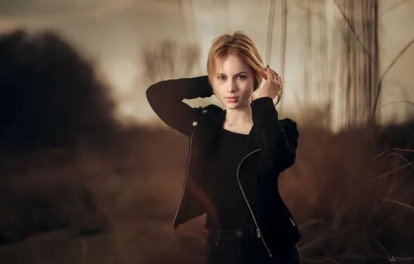 Grass, girl, the evening, blonde, beautiful, nature, in black, bokeh