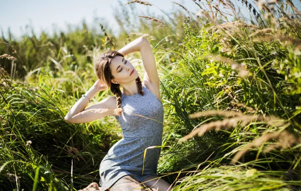 Field, summer, grass, girl, model, dress, meadow, girl