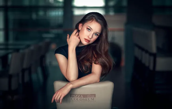 Picture look, girl, pose, hair, brunette, chair, beautiful, Jiri Tulach