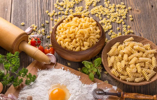 Egg, different, flour, pasta, rolling pin, cuts, bowls, cutting Board