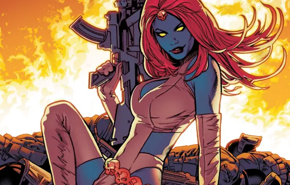 Picture fire, girl, fantasy, Mystic, weapon, Marvel, comics, redhead