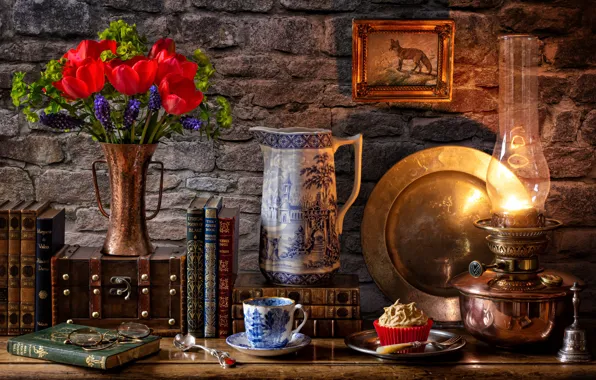 Flowers, wall, books, lamp, Cup, tulips, vase, pitcher