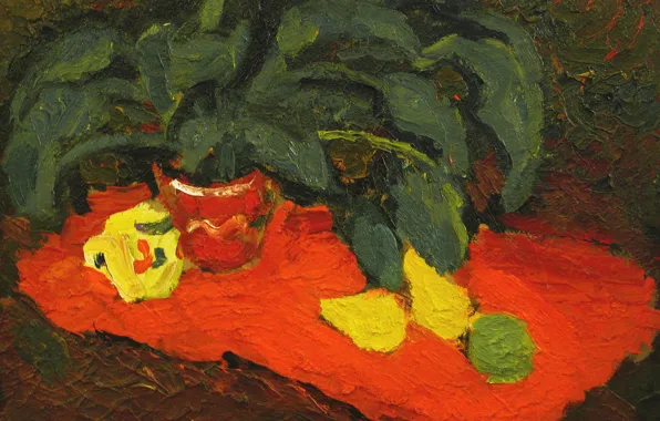 2006, still life, lemons, The petyaev, a flower in a pot, orange fabric