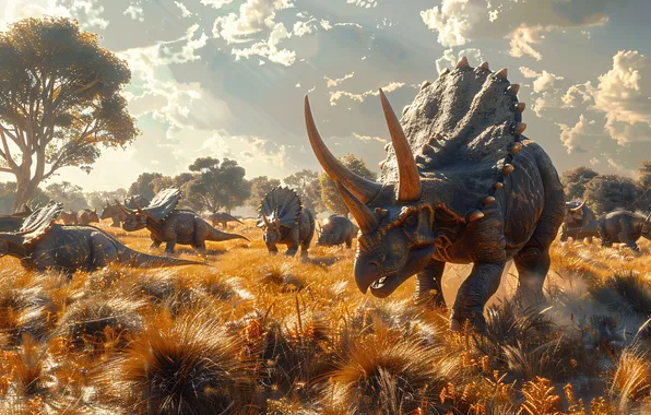 Clouds, Grass, Horns, Animals, Triceratops, Digital art, Dinosaurs, Ancient animals