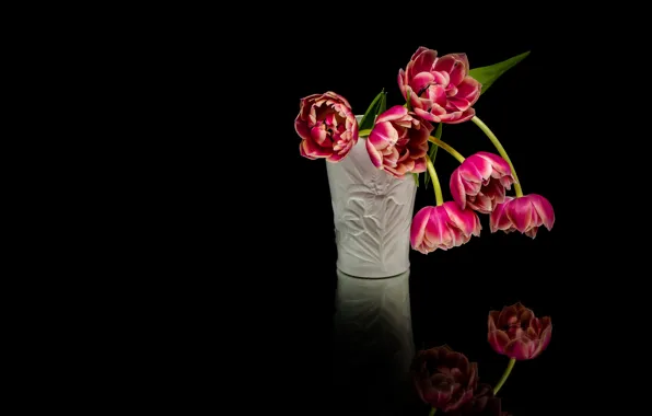 Picture flowers, reflection, tulips, red, vase, black background, composition