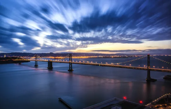 The sky, clouds, sunset, bridge, lights, the evening, lighting, backlight