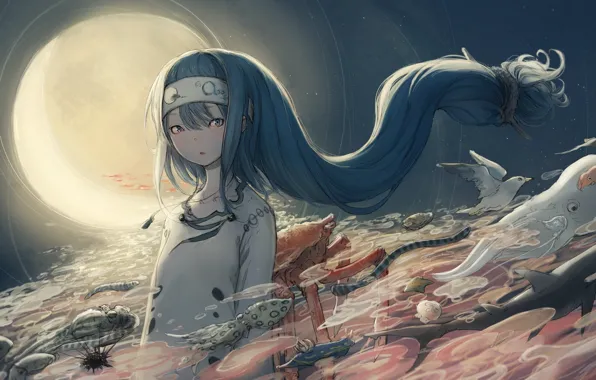 Girl, fish, The moon, fantasy, Creatures, yuu-rin