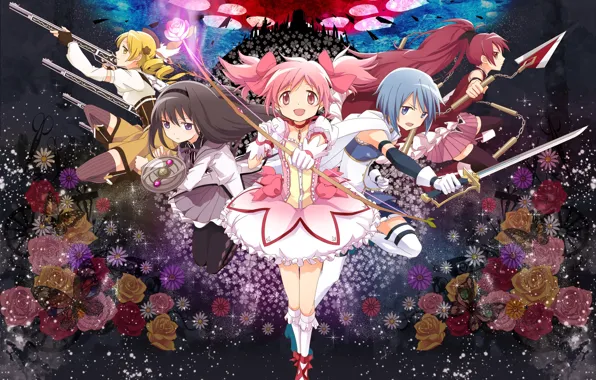 Weapons, magic, girls, Anime, dresses, Madoka Magic