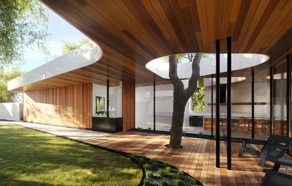 Grass, tree, chairs, architecture, hole